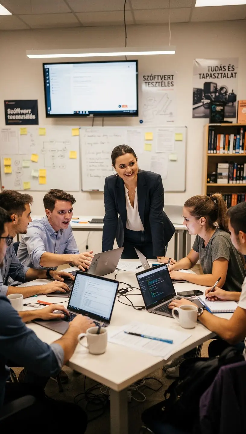 Kép egy csapat tagjairól, akik együtt dolgoznak a hibák nyomon követésén és tesztelésén.