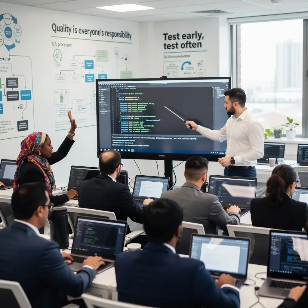 Kép egy csapat tagjairól, akik együtt dolgoznak a hibák nyomon követésén és tesztelésén.