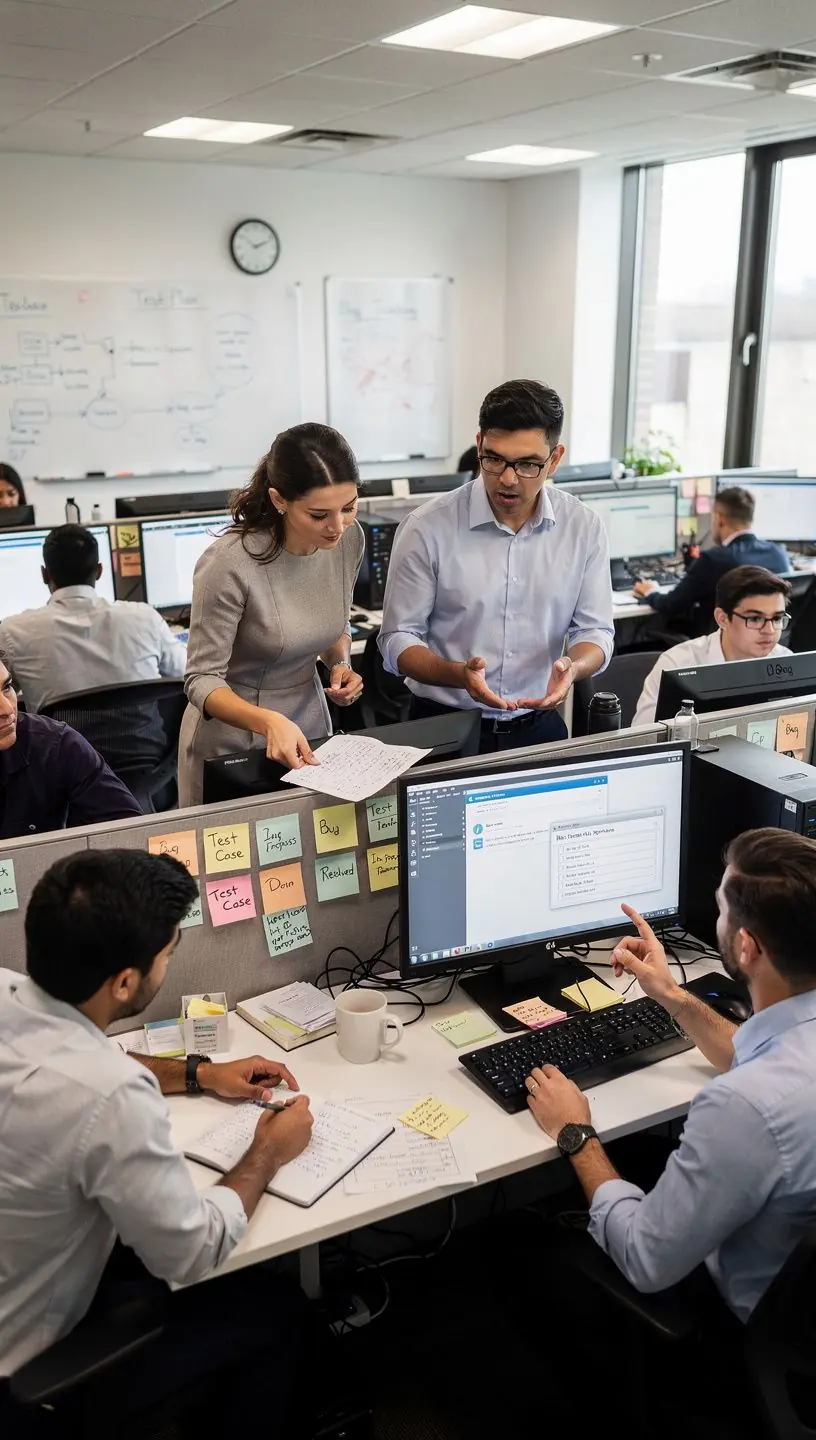 Kép egy csapat tagjairól, akik együtt dolgoznak a hibák nyomon követésén és tesztelésén.